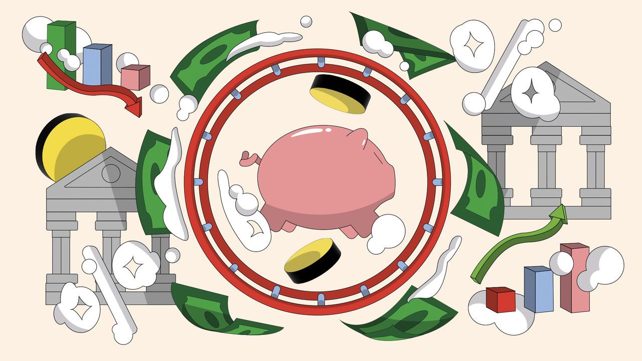 An illustration, with a piggy bank as the central theme. Surrounded by banks and interest rates