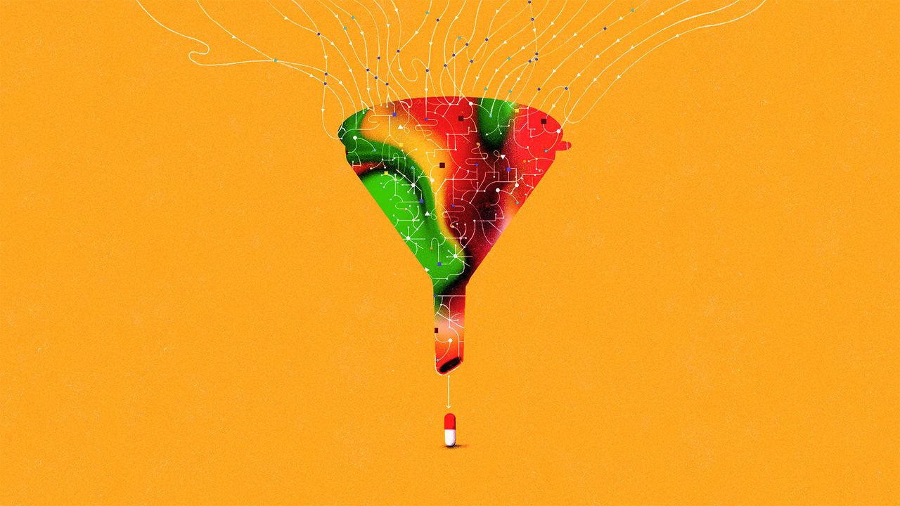 An illustration of a funnel as a metaphor of "AI" simplifying the process, resulting in a pill