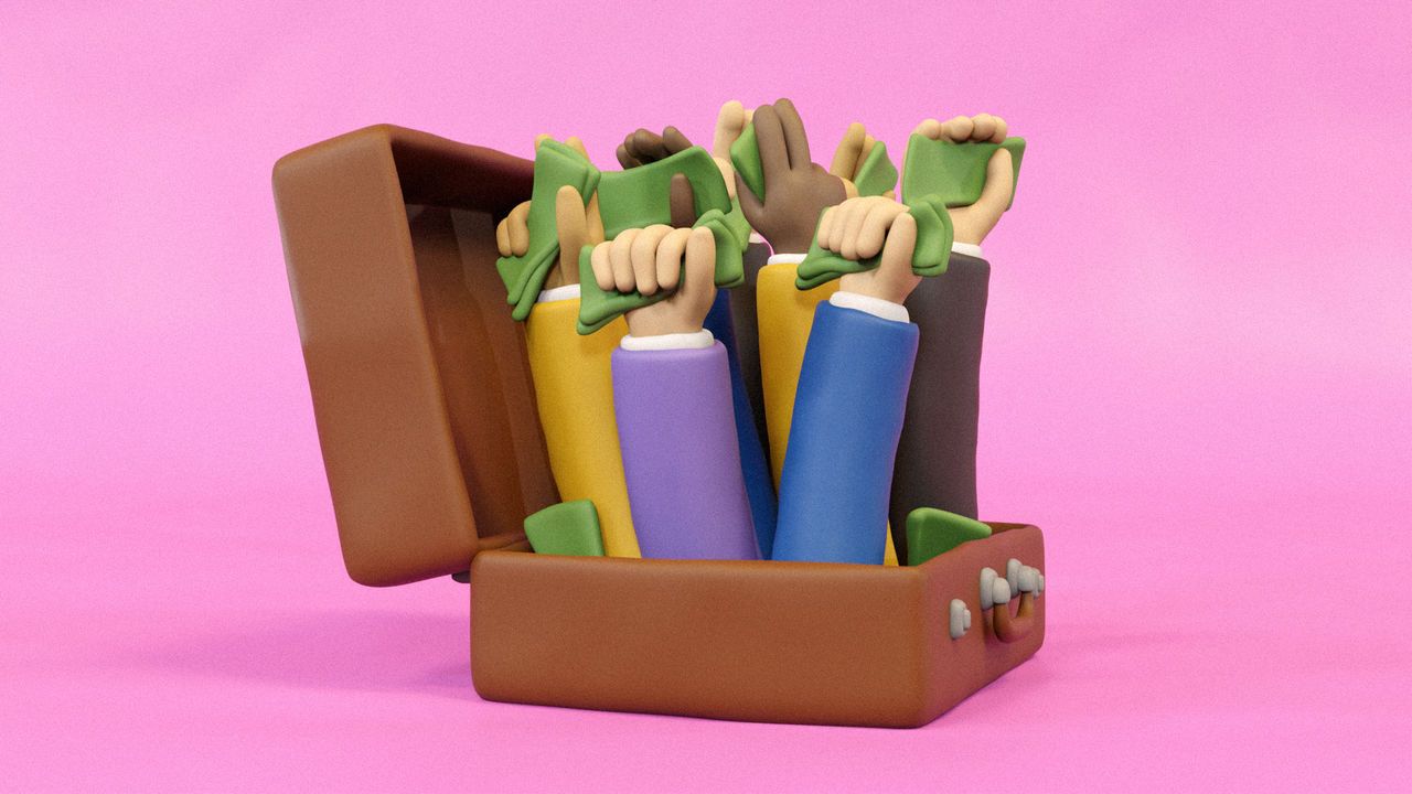 An illustration of a briefcase burt open with arms reaching out holding bunches of banknotes.