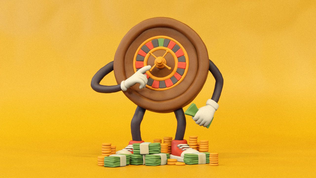 An illustration of an anthropomorphised roulette wheel with arms and legs clutching some banknotes in one hand and posed to spin the wheel with the other. Piles of cash are stacked around its feet.