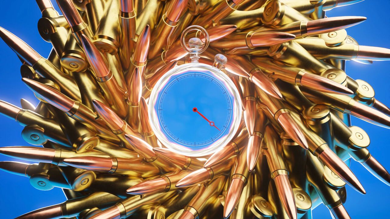 A conceptual illustration showing the link between defense and the economy: at the center, a ticking clock symbolizes urgency, while behind it, costly weapons spin like gears, emphasizing rising demands and accelerating military spending.