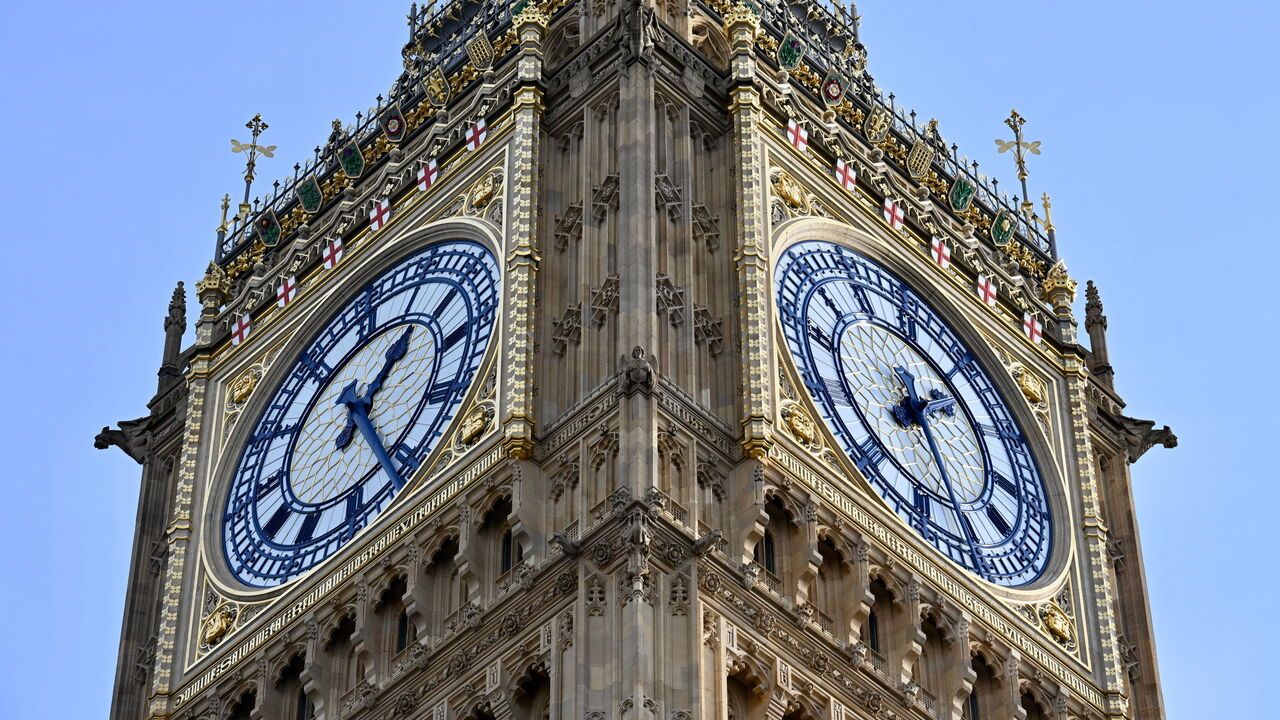 Two clock faces of Big Ben, Houses of Parliament, Westminster, London, UK.