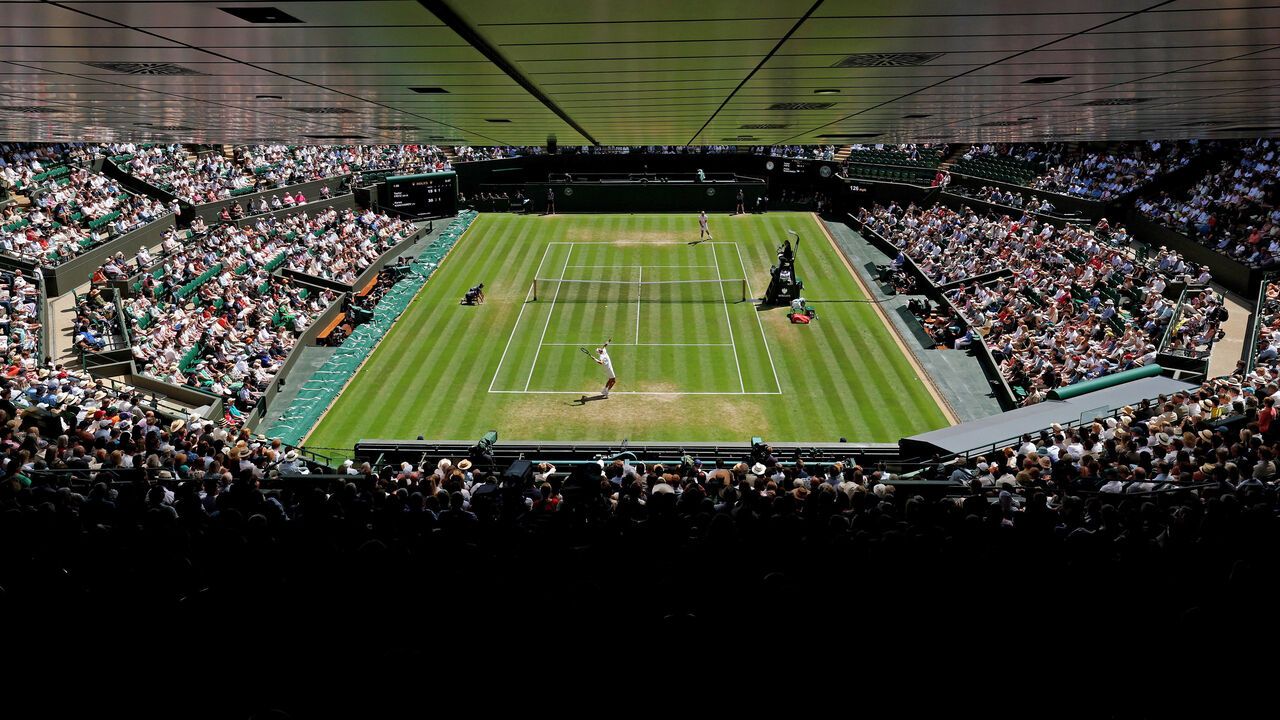 A general view over Court One as Karen Khachanov serves against Taylor Fritz of United States