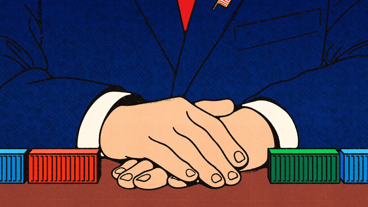 Illustration of a person in a blue suit with a red tie, seated at a red table with hands clasped together. In front of the person are colored shipping containers