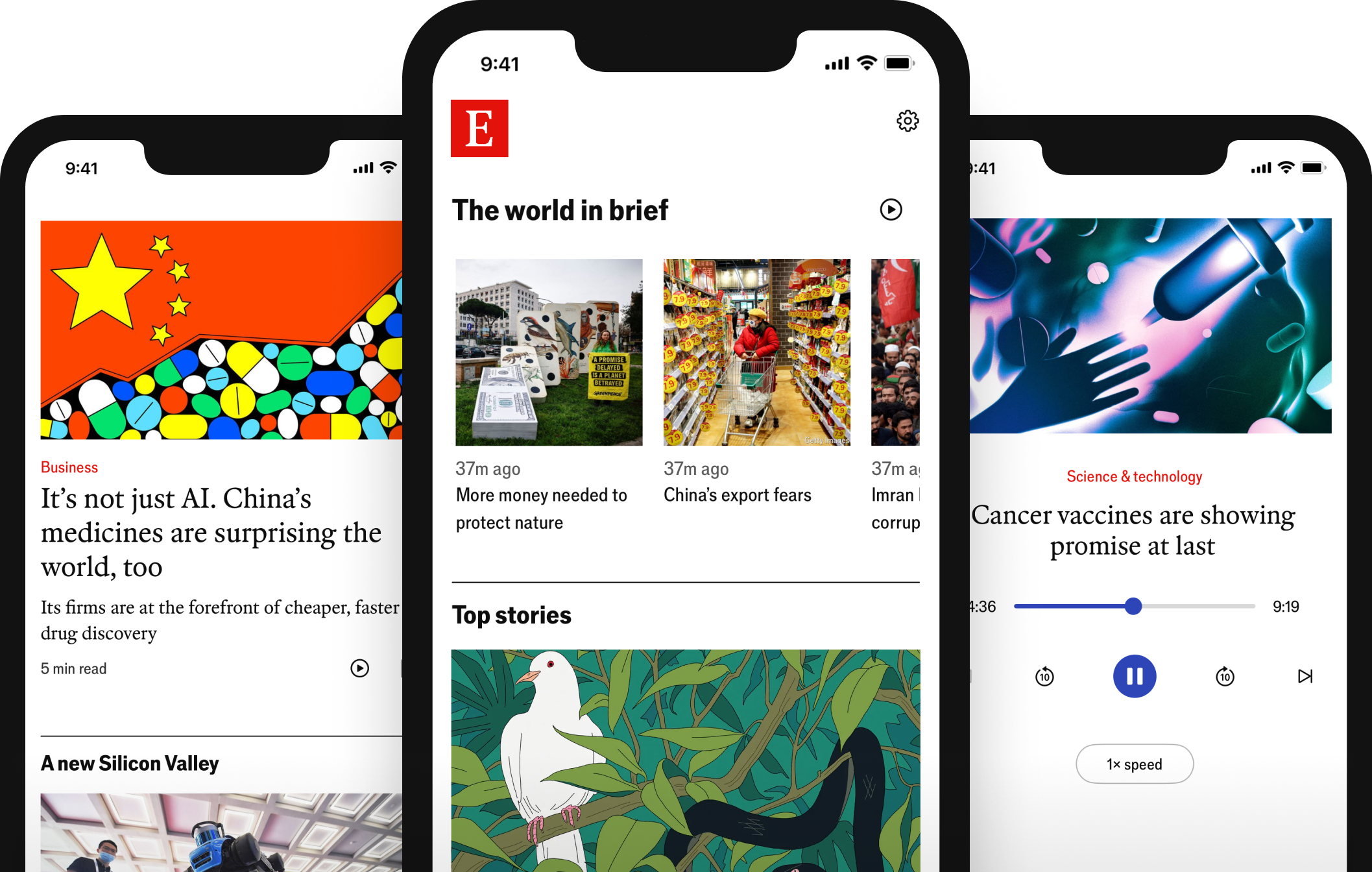 An image of a mobile device with the Economist app open, displaying news articles and other features