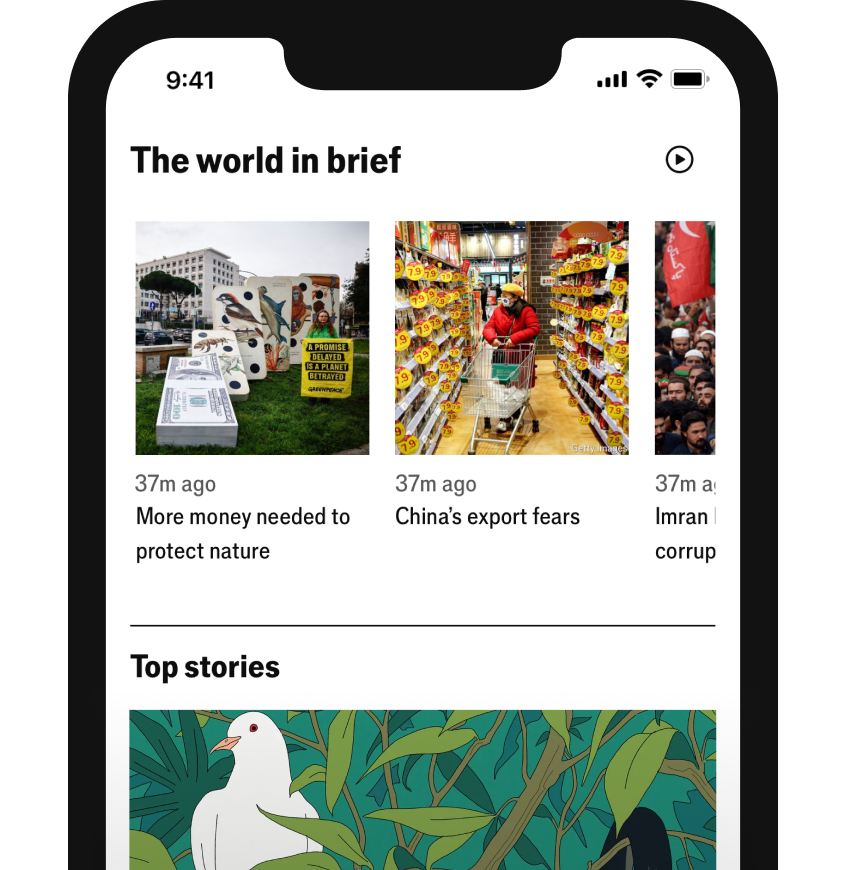 An image of a mobile device with the Economist app open, displaying news articles and other features